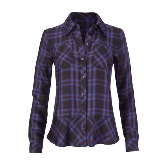 CAbi Moody Peplum Hem Plaid Shirt Black Blue Size Small Style 3431 - Picture 2 of 9